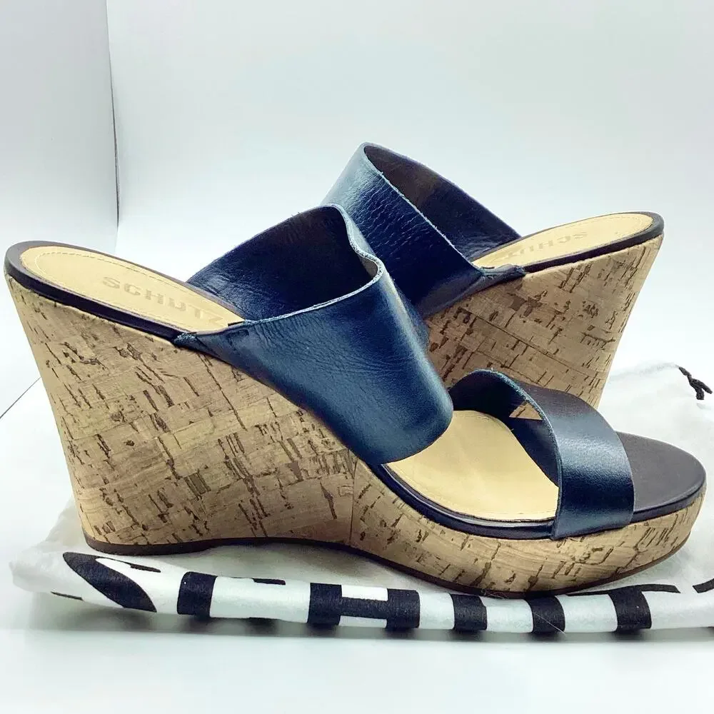 Schutz Kai Soft Black Leather Slip On Cork Wedge Sandal 10 NEW Dustbag